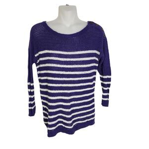 Ann Taylor Loft Womens Sweater Small Purple Ivory Striped Linen Blend Open Knit